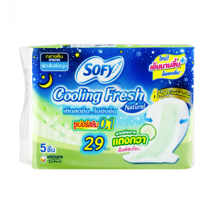 Sofy Cooling Fresh Natural ผ้าอนามัยโซฟี ซูเปอร์สลิม 0.1 29ซม.สำหรับกลางคืน 5ชิ้น