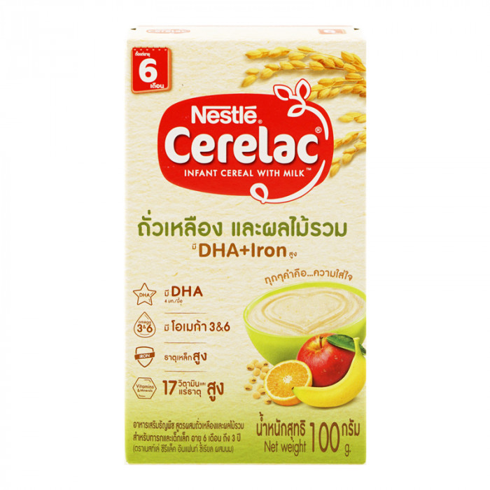 NESTLE CERELAC 100 กรัม อาหารเสริมธัญพืช สำหรับทารกและเด็กเล็ก สูตร ถั่วเหลือง+ผลไม้รวม