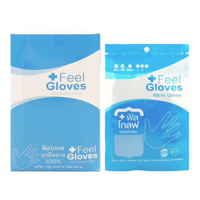 Feel gloves ถุงมือไนไตร-ชนิดไม่มีแป้ง 6ชิ้น/ไซร์ m (สีฟ้า)