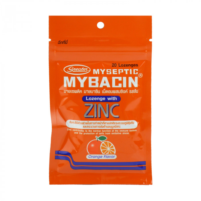 Mybacin with zinc เม็ดอมผสมซิงค์ (รสส้ม) 20 เม็ด/ซอง