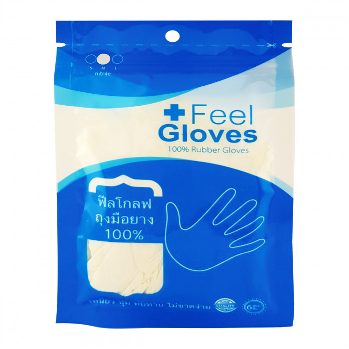 Feel Gloves ถุงมือยางไนไตร (ชนิดไม่มีแป้ง)(สีขาว) (M) 6ชิ้น