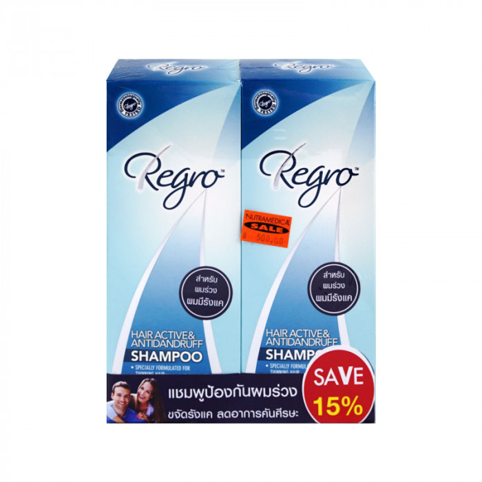 Regro Hair Active&Antidandruff Shampoo 200ml. รีโกร แฮร์ แอคทีฟ แอนด์ แอนตี้แดนดรัฟ แชมพูขจัดรังแค แพ็คคู่ราคาประหยัด 200 มล.