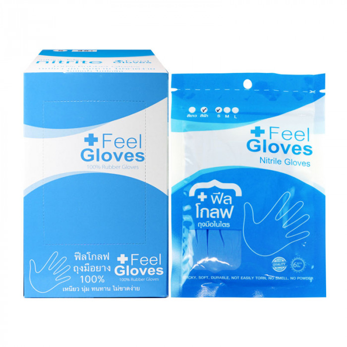 Feel Gloves Nitrile Gloves ฟีล โกลฟ ถุงมือไนไตร ชนิดไม่มีแป้ง สีฟ้า 6 ชิ้น/ซอง S